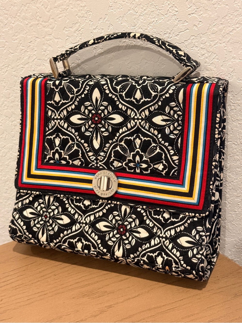 Quilted Black & White Patterned Top-Handle Bag with Multicolor Trim